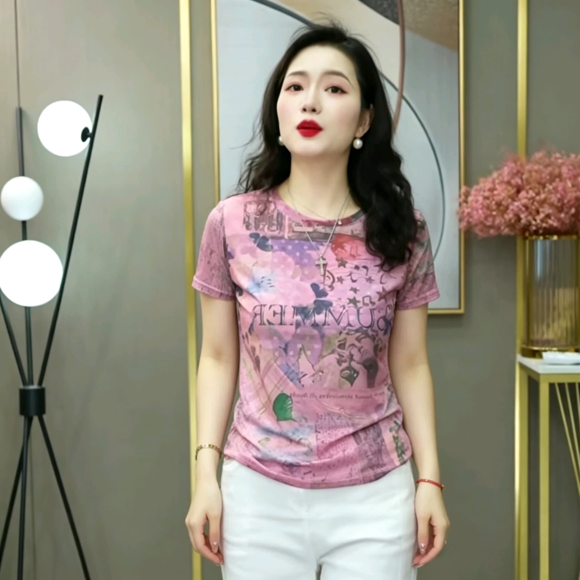 이중층 망사 프린트 티셔츠 여성 여름 어머니 드레스 라운드 넥 반소매 외국 가스 디자인 센스 작은 셔츠 맨위 상세 이미지 4