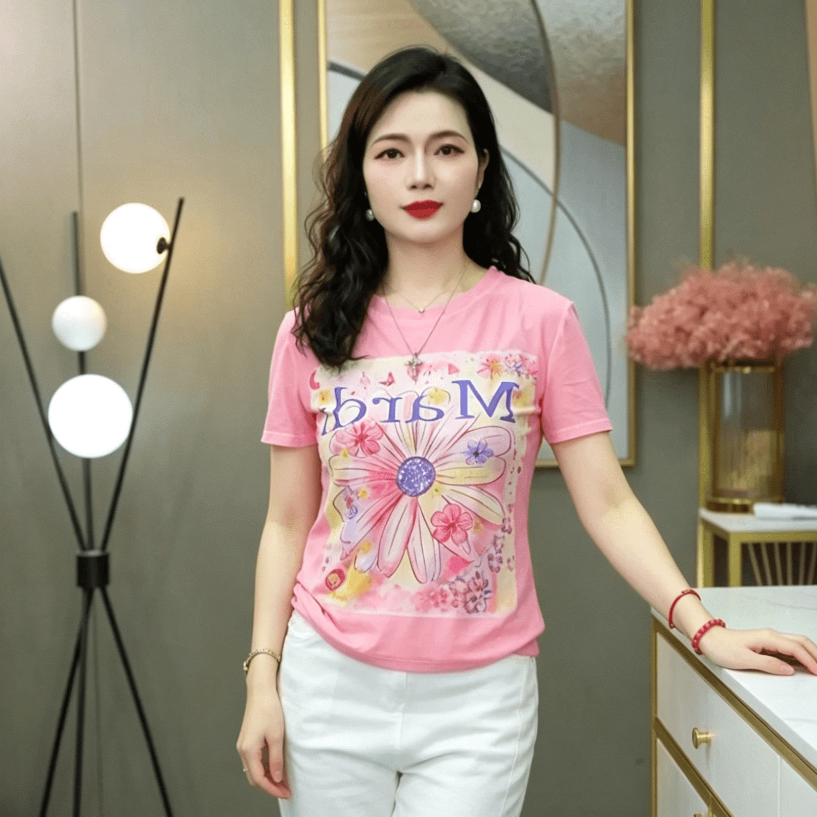 이중층 망사 패션 외국 가스 엄마 반팔 티셔츠 여성 새로운 여름 작은 셔츠 몸매 가꾸기 슬림해 보이는 프린트 맨위 상세 이미지 4