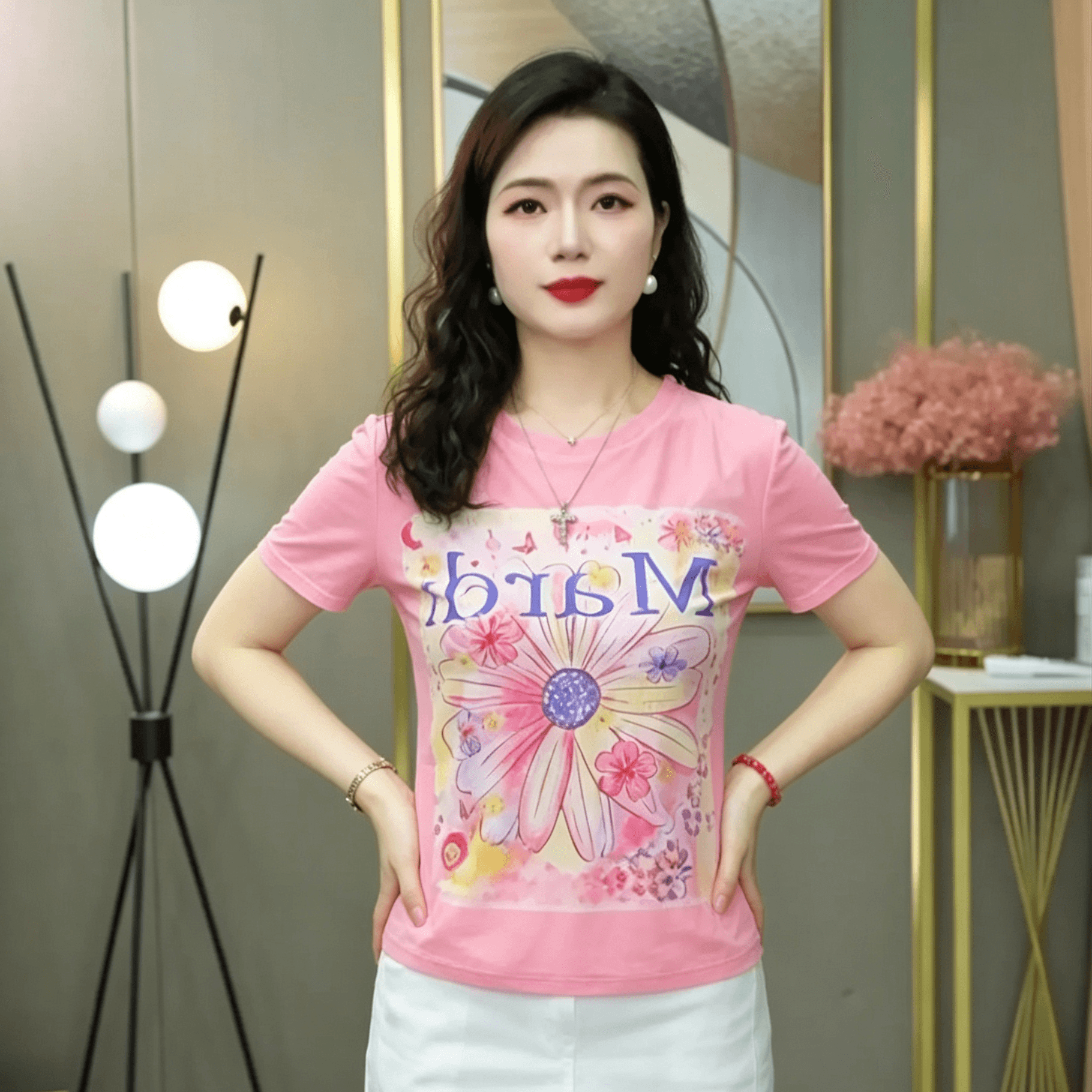 이중층 망사 패션 외국 가스 엄마 반팔 티셔츠 여성 새로운 여름 작은 셔츠 몸매 가꾸기 슬림해 보이는 프린트 맨위 상세 이미지 6