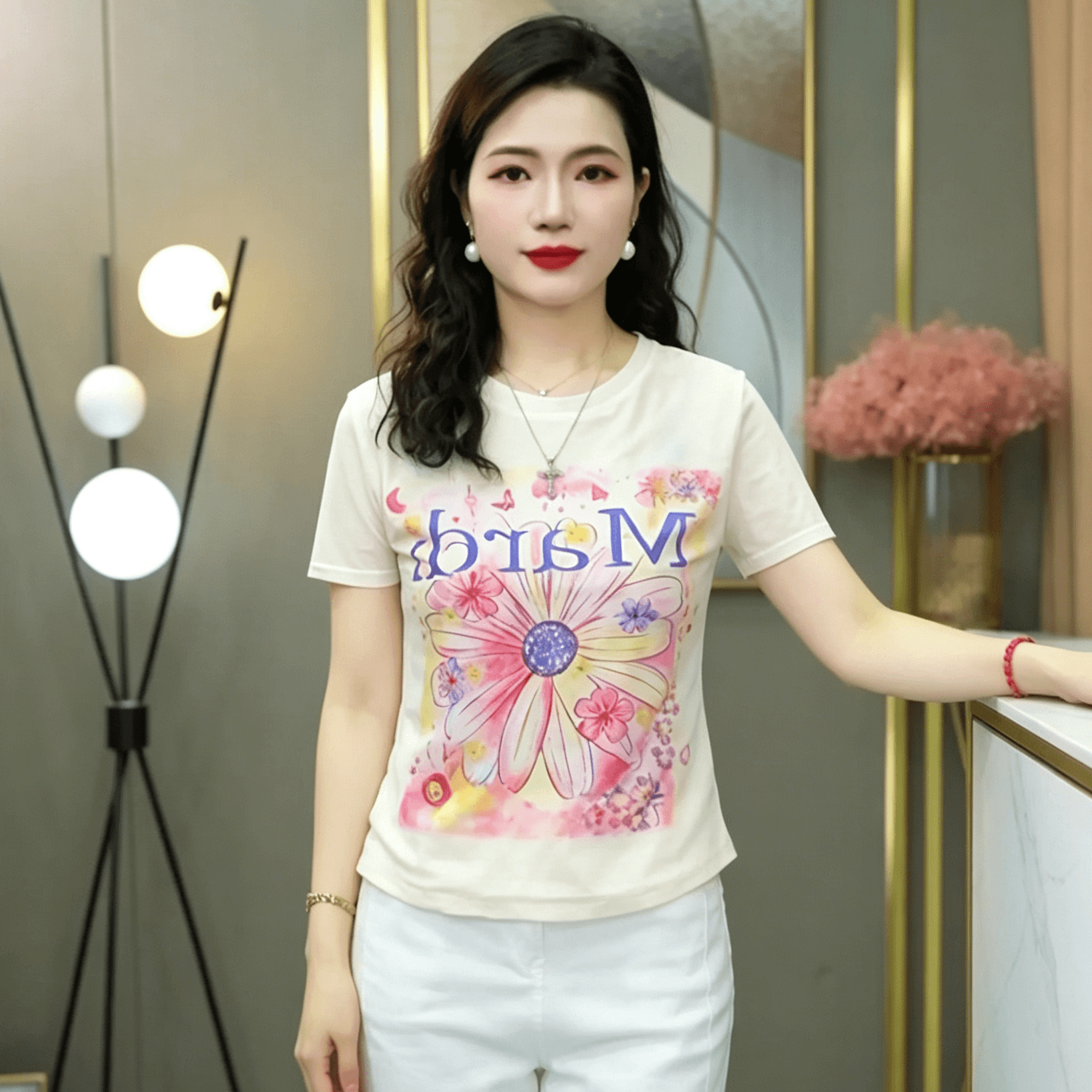 이중층 망사 패션 외국 가스 엄마 반팔 티셔츠 여성 새로운 여름 작은 셔츠 몸매 가꾸기 슬림해 보이는 프린트 맨위 상세 이미지 4