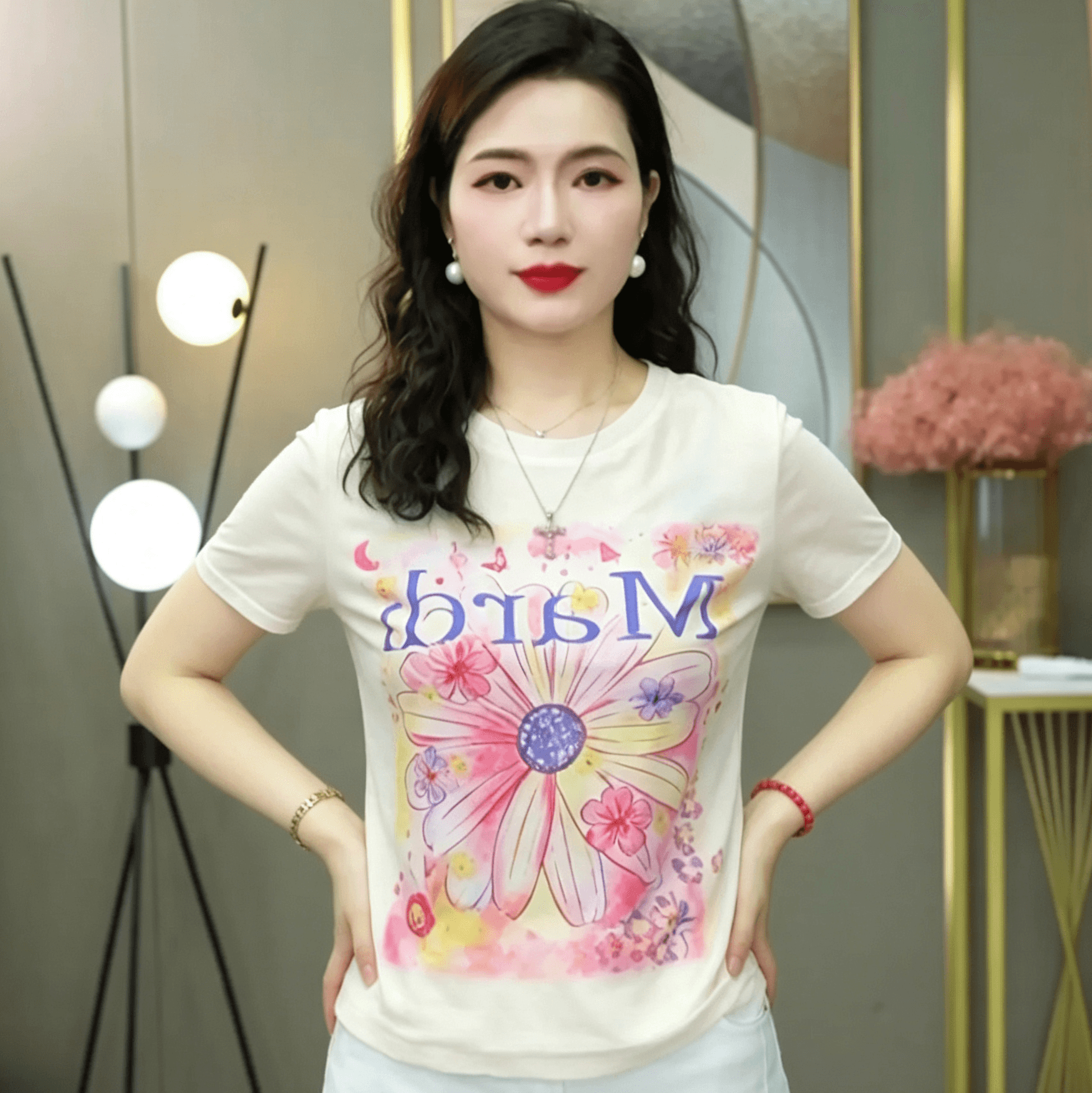 이중층 망사 패션 외국 가스 엄마 반팔 티셔츠 여성 새로운 여름 작은 셔츠 몸매 가꾸기 슬림해 보이는 프린트 맨위 상세 이미지 6