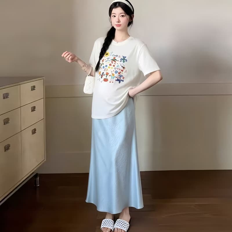 실사 임산부 여름 드레스 티셔츠 맨위 반신 스커트 투피스 세트 이미지 2