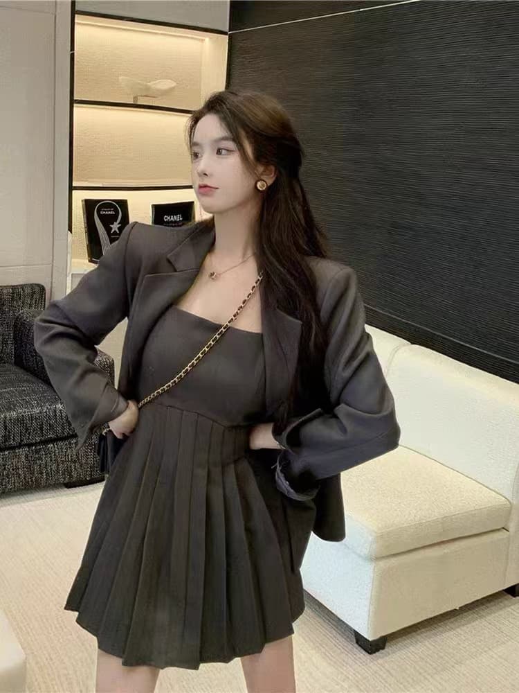 2026 레트로 한 부서 패션 고급 센스 정장 여성 다용도 블레이저 슬립 치마 투피스 세트 이미지 4