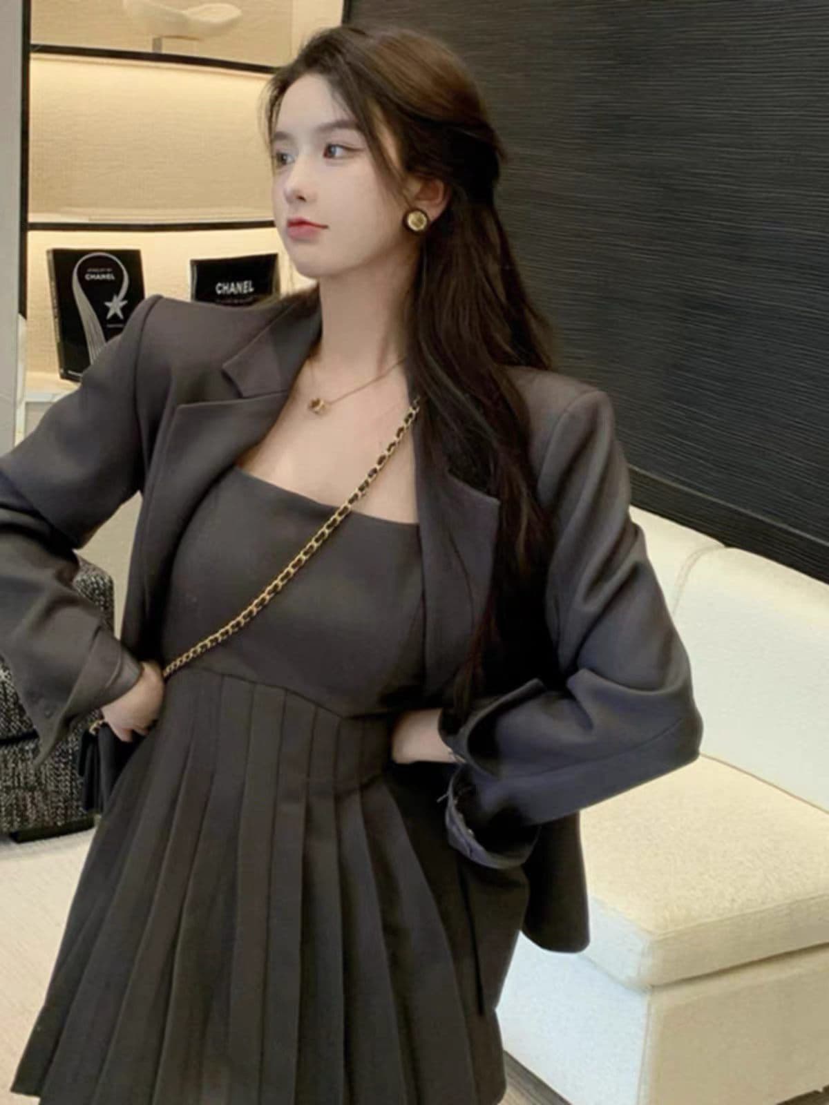 2026 레트로 한 부서 패션 고급 센스 정장 여성 다용도 블레이저 슬립 치마 투피스 세트 상세 이미지 1