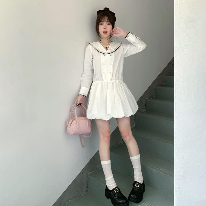 프랑스식 레트로 해군 칼라 긴팔 여성 드레스 2026 봄 새로운 화이트 쇼트 스타일 허리 수축 슬림해 보이는 꽃밭 치마 상세 이미지 2