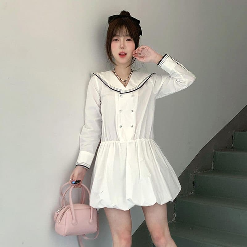 프랑스식 레트로 해군 칼라 긴팔 여성 드레스 2026 봄 새로운 화이트 쇼트 스타일 허리 수축 슬림해 보이는 꽃밭 치마 상세 이미지 3