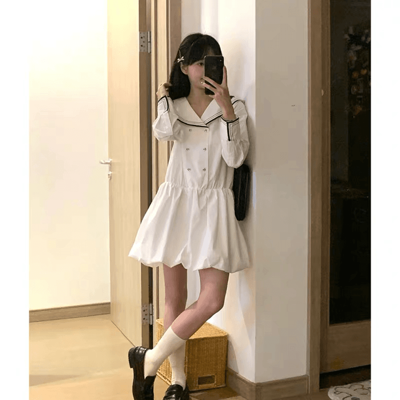 한 부서 패션 디자인 센스 작은 대중 해군 칼라 패치워크 드레스 여자 학생 허리 수축 슬림해 보이는 꽃밭 치마 상세 이미지 2