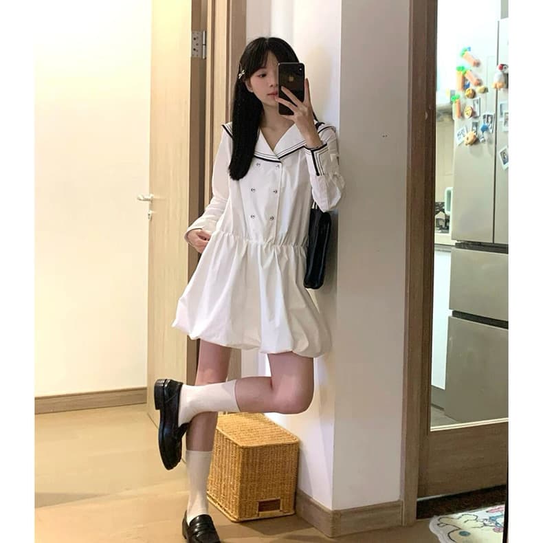 한 부서 패션 디자인 센스 작은 대중 해군 칼라 패치워크 드레스 여자 학생 허리 수축 슬림해 보이는 꽃밭 치마 상세 이미지 3