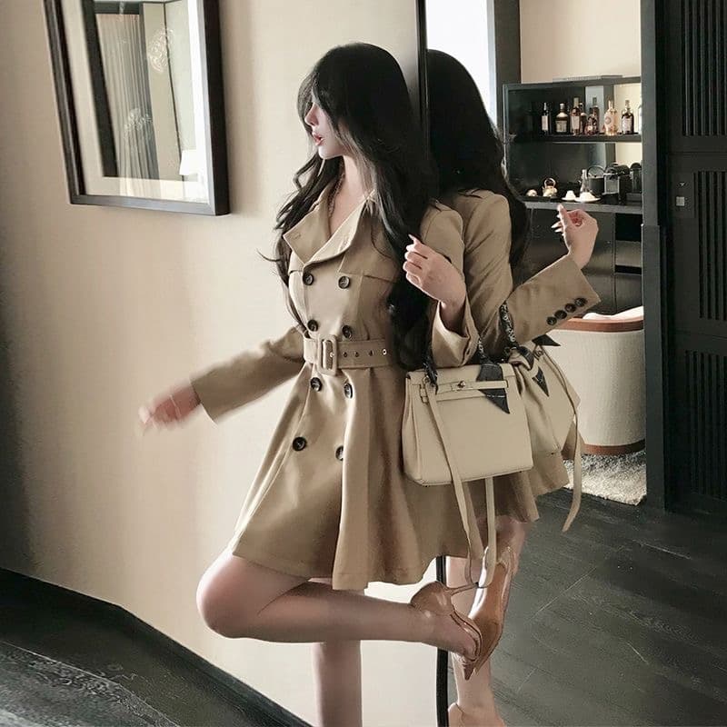 카키 색 바람막이 여성 코트 봄 가을 작은 키 허리 수축 폴로 칼라 블레이저 한국 스타일 캐주얼 품격 코트 상세 이미지 1