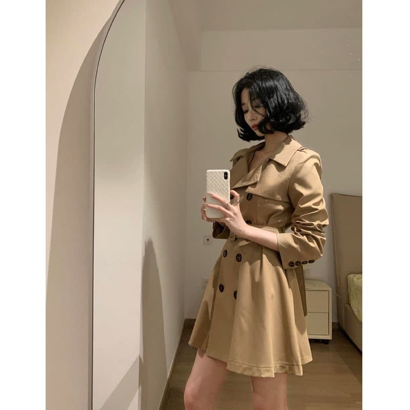 카키 색 바람막이 여성 코트 봄 가을 작은 키 허리 수축 폴로 칼라 블레이저 한국 스타일 캐주얼 품격 코트 상세 이미지 2