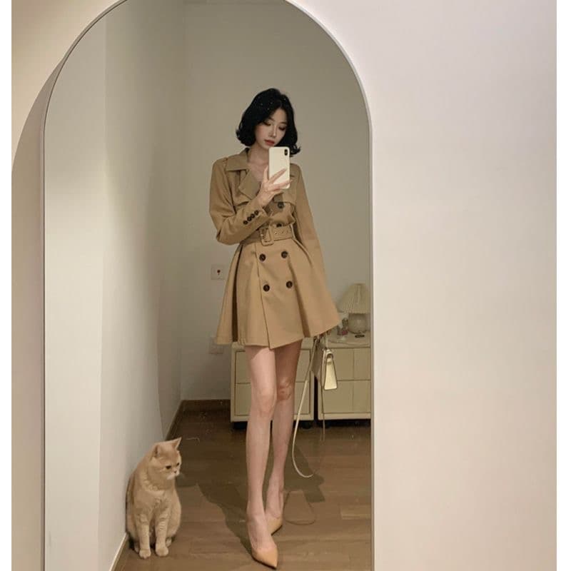 카키 색 바람막이 여성 코트 봄 가을 작은 키 허리 수축 폴로 칼라 블레이저 한국 스타일 캐주얼 품격 코트 상세 이미지 3