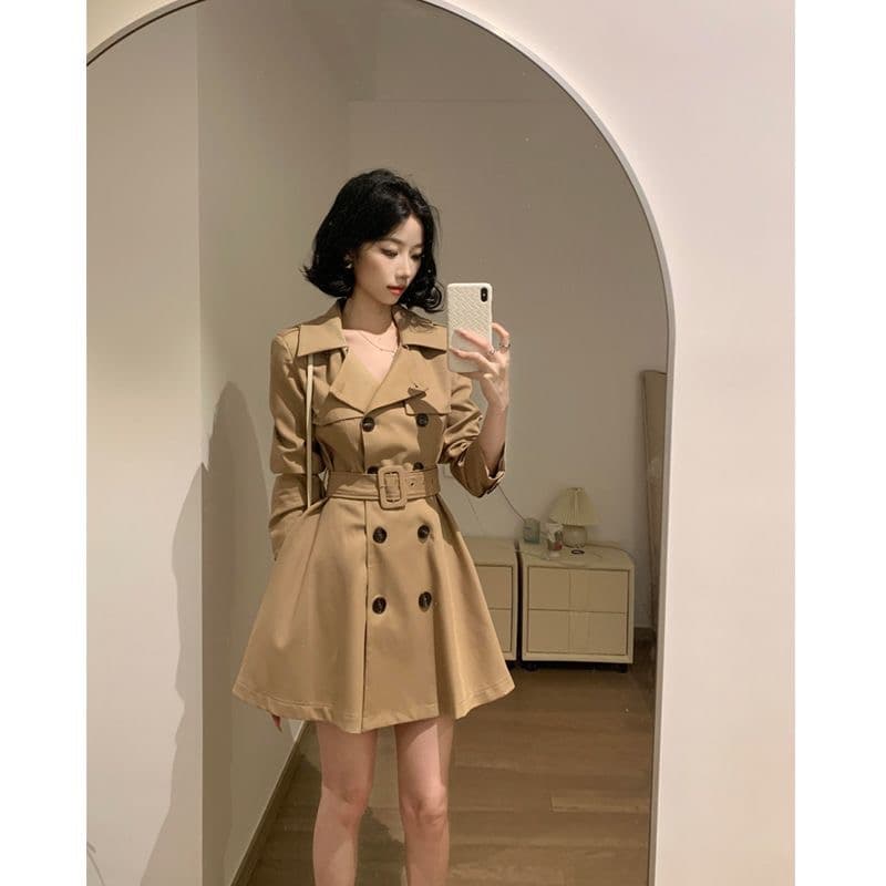 카키 색 바람막이 여성 코트 봄 가을 작은 키 허리 수축 폴로 칼라 블레이저 한국 스타일 캐주얼 품격 코트 상세 이미지 4