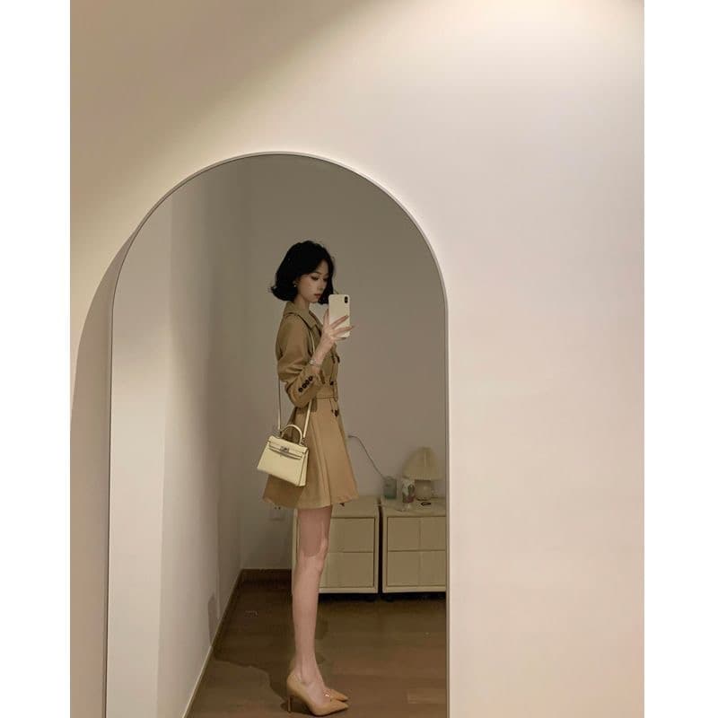 카키 색 바람막이 여성 코트 봄 가을 작은 키 허리 수축 폴로 칼라 블레이저 한국 스타일 캐주얼 품격 코트 상세 이미지 5