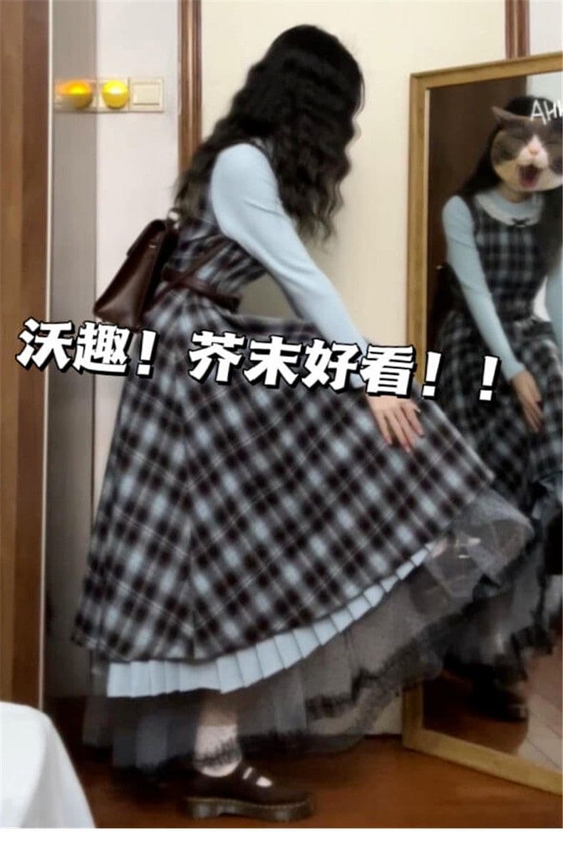 2026 이른 봄 새로운 레트로 페이크 레이어드 블루 브라운 나비 매듭 패치워크 체크무늬 드레스 허리 수축 슬림해 보이는 롱 스커트 상세 이미지 1