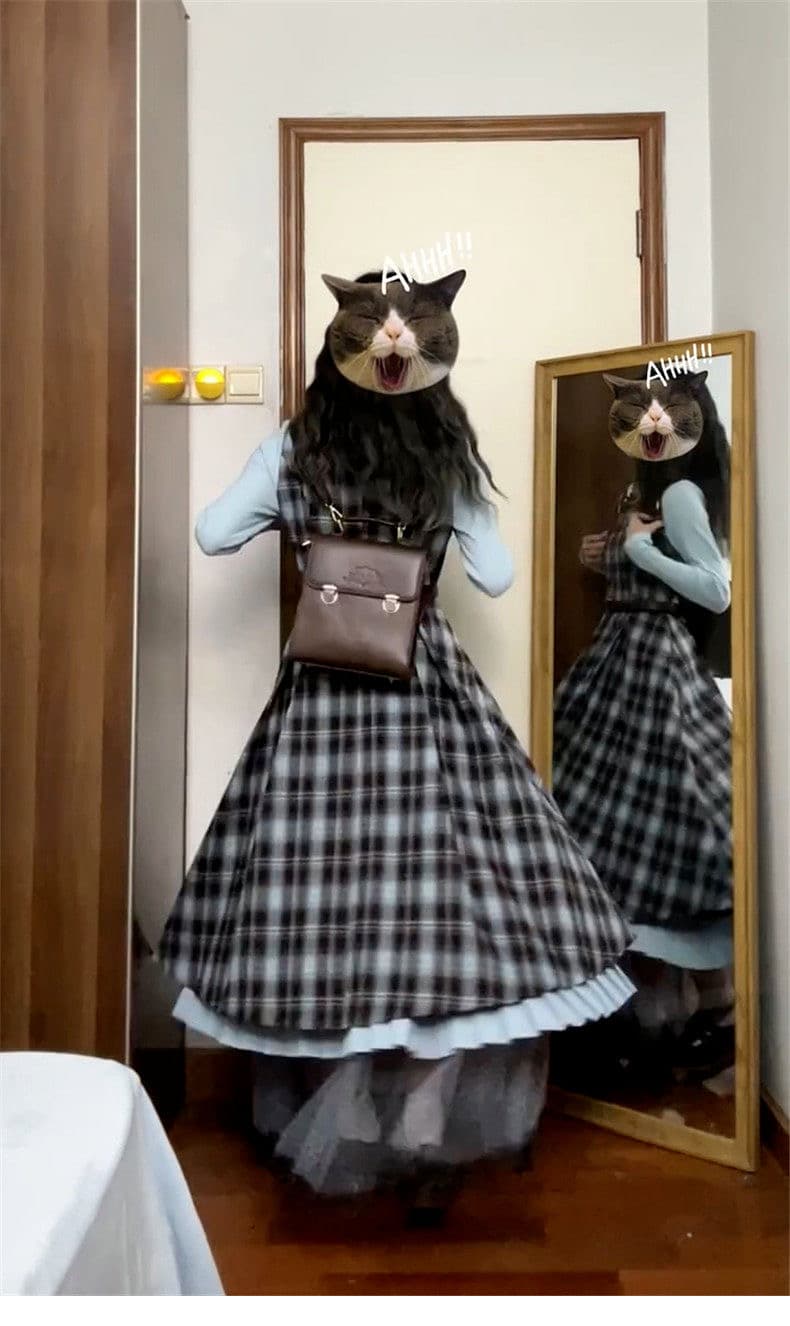 2026 이른 봄 새로운 레트로 페이크 레이어드 블루 브라운 나비 매듭 패치워크 체크무늬 드레스 허리 수축 슬림해 보이는 롱 스커트 상세 이미지 3