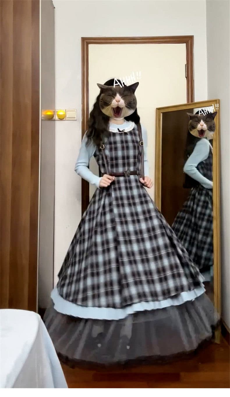 2026 이른 봄 새로운 레트로 페이크 레이어드 블루 브라운 나비 매듭 패치워크 체크무늬 드레스 허리 수축 슬림해 보이는 롱 스커트 상세 이미지 4