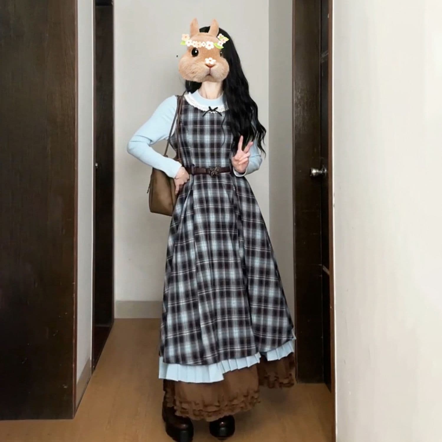 2026 새로운 레트로 페이크 레이어드 블루 브라운 나비 매듭 패치워크 체크무늬 드레스 허리 수축 슬림해 보이는 롱 스커트