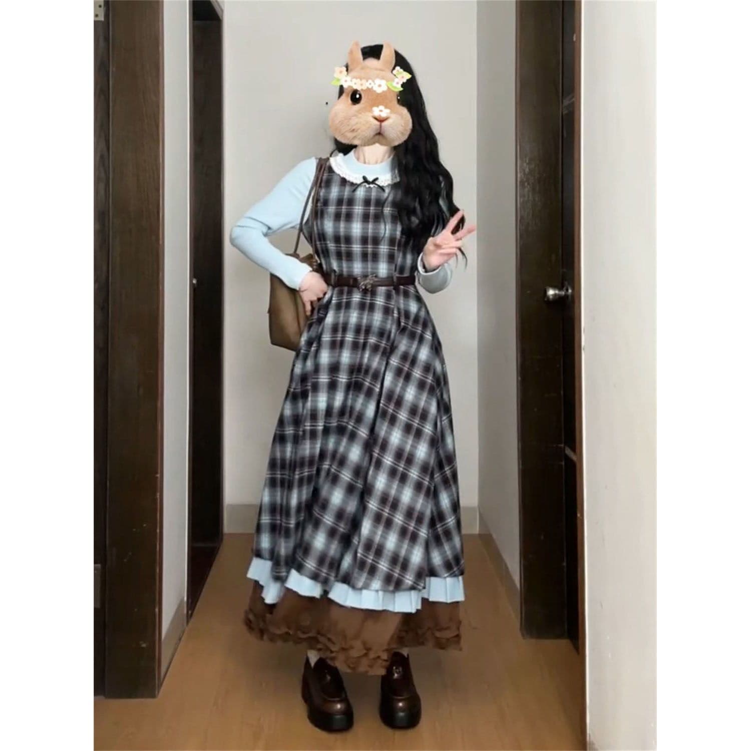 2026 새로운 레트로 페이크 레이어드 블루 브라운 나비 매듭 패치워크 체크무늬 드레스 허리 수축 슬림해 보이는 롱 스커트 이미지 4
