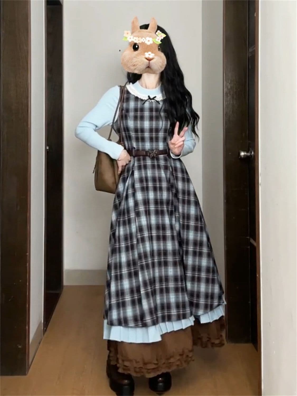 2026 새로운 레트로 페이크 레이어드 블루 브라운 나비 매듭 패치워크 체크무늬 드레스 허리 수축 슬림해 보이는 롱 스커트 상세 이미지 4