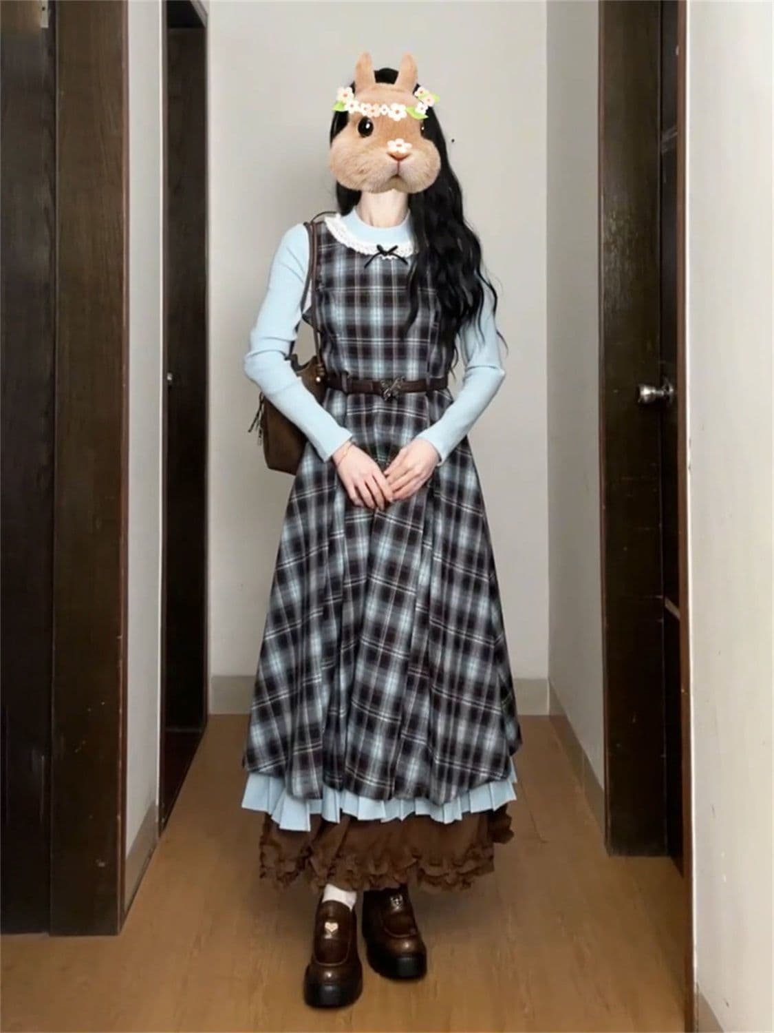2026 새로운 레트로 페이크 레이어드 블루 브라운 나비 매듭 패치워크 체크무늬 드레스 허리 수축 슬림해 보이는 롱 스커트 상세 이미지 6