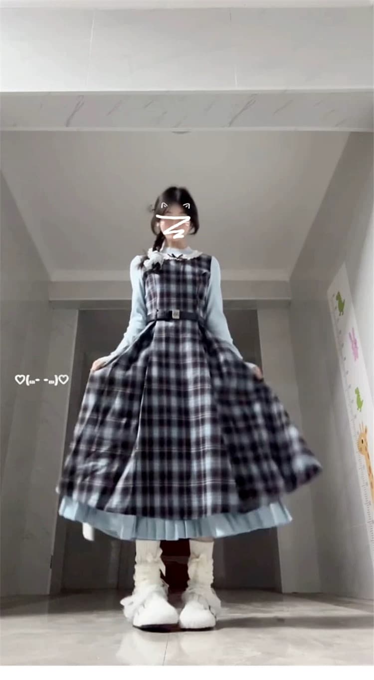 2026 봄 새로운 레트로 페이크 레이어드 블루 브라운 나비 매듭 패치워크 체크무늬 드레스 허리 수축 슬림해 보이는 롱 스커트 상세 이미지 1