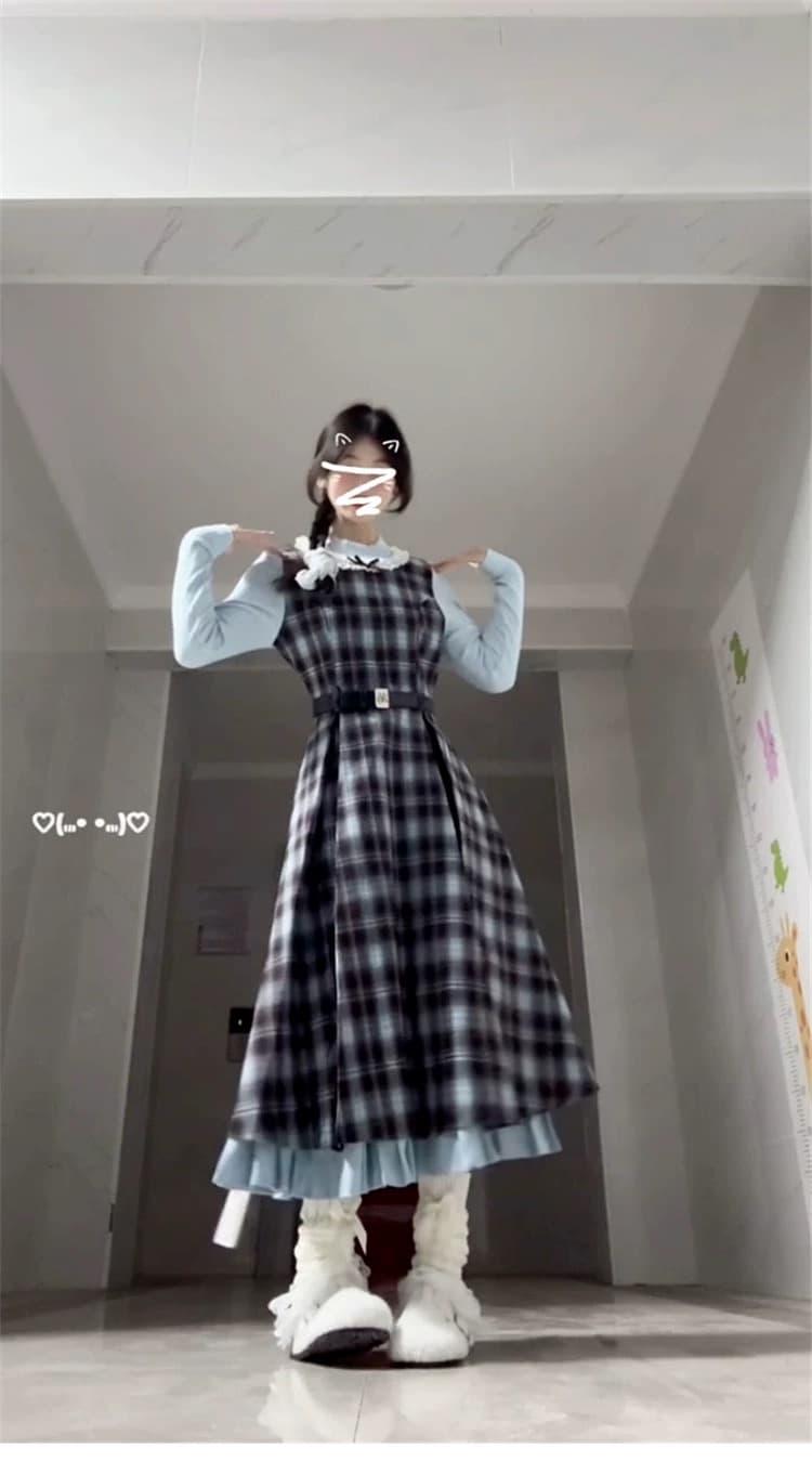 2026 봄 새로운 레트로 페이크 레이어드 블루 브라운 나비 매듭 패치워크 체크무늬 드레스 허리 수축 슬림해 보이는 롱 스커트 상세 이미지 2
