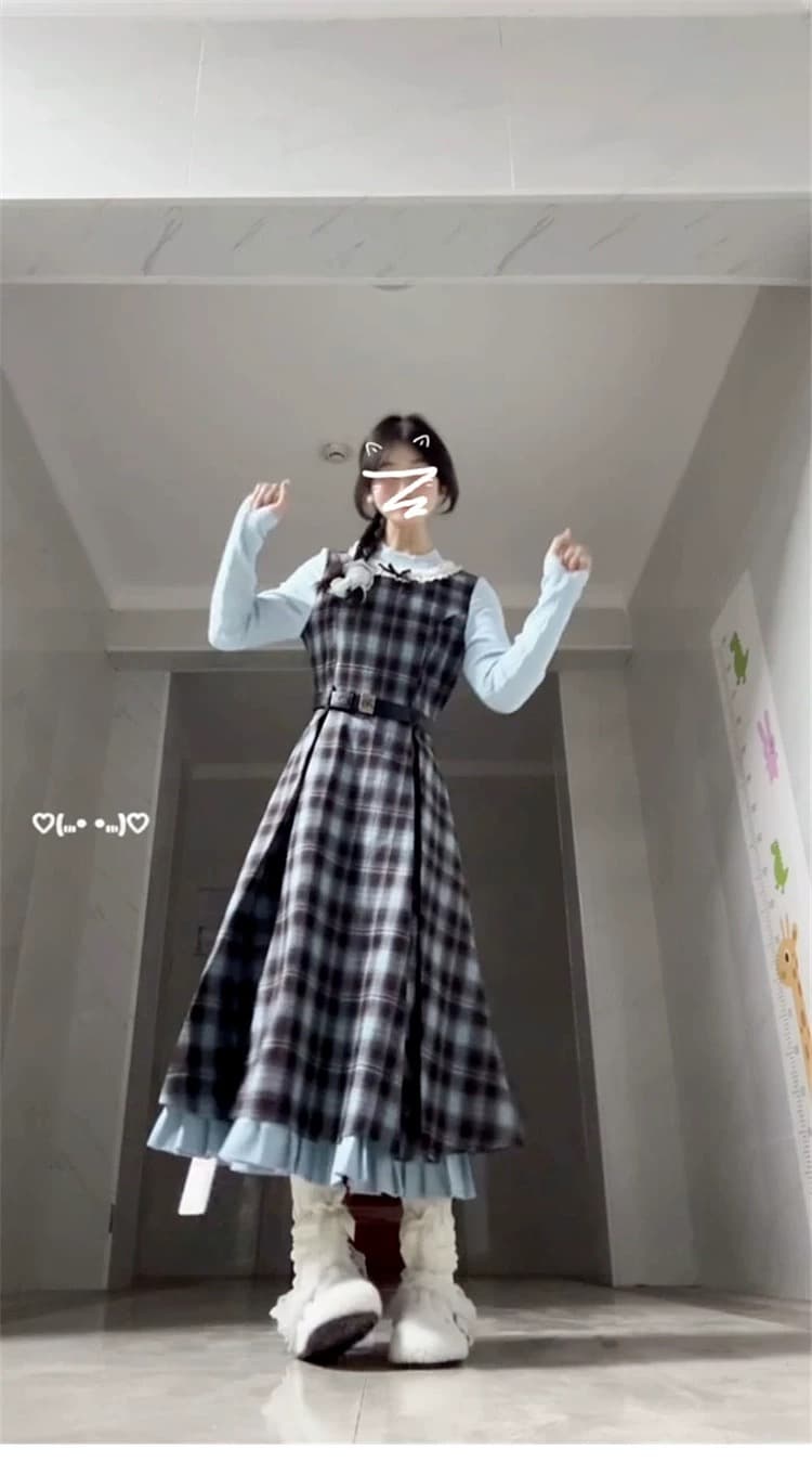 2026 봄 새로운 레트로 페이크 레이어드 블루 브라운 나비 매듭 패치워크 체크무늬 드레스 허리 수축 슬림해 보이는 롱 스커트 상세 이미지 3