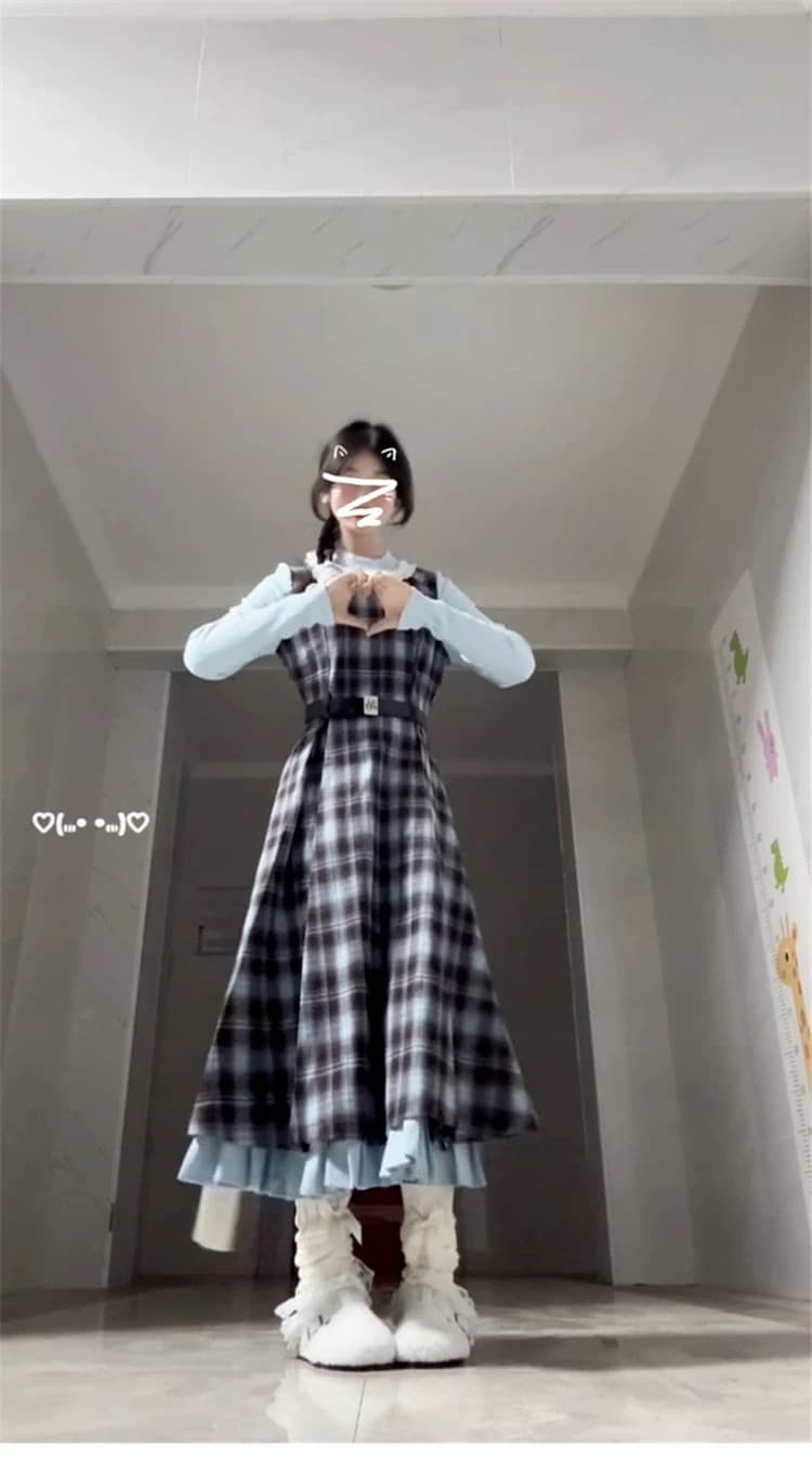 2026 봄 새로운 레트로 페이크 레이어드 블루 브라운 나비 매듭 패치워크 체크무늬 드레스 허리 수축 슬림해 보이는 롱 스커트 상세 이미지 5