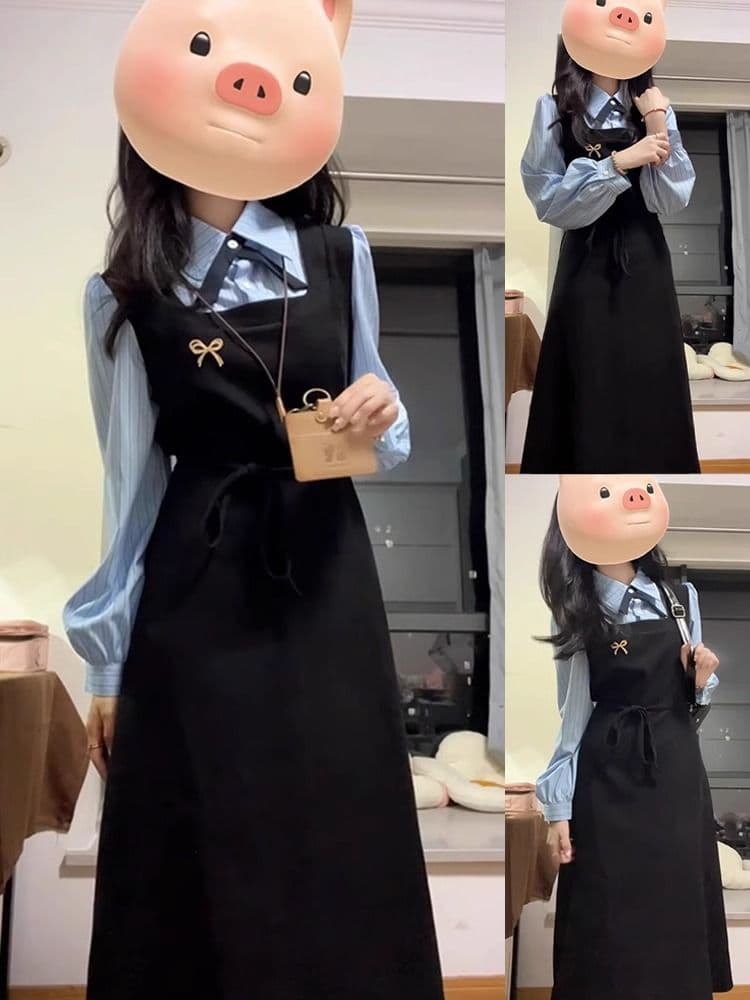 한국 스타일 학원 스타일 페이크 레이어드 드레스 여성 의류 가을 새로운 차 휴식 디자인 센스 POLO 칼라 허리 수축 중간 길이 스커트