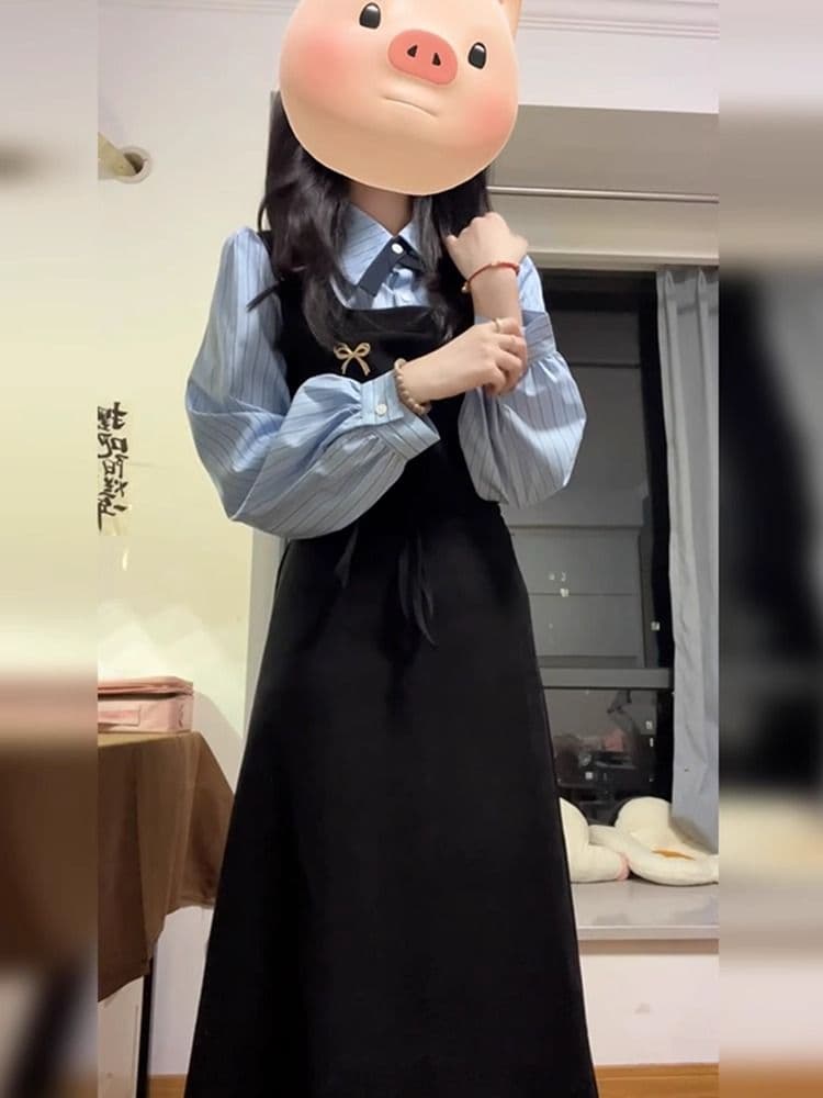 한국 스타일 학원 스타일 페이크 레이어드 드레스 여성 의류 가을 새로운 차 휴식 디자인 센스 POLO 칼라 허리 수축 중간 길이 스커트 이미지 2