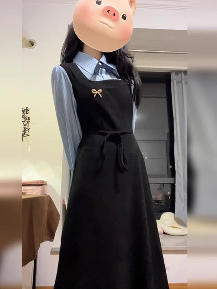 한국 스타일 학원 스타일 페이크 레이어드 드레스 여성 의류 가을 새로운 차 휴식 디자인 센스 POLO 칼라 허리 수축 중간 길이 스커트 이미지 3
