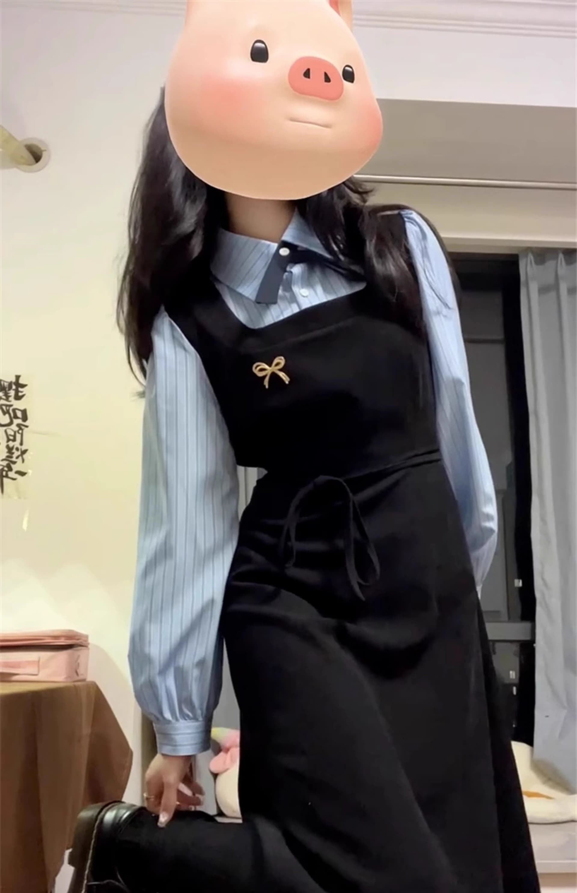 한국 스타일 학원 스타일 페이크 레이어드 드레스 여성 의류 가을 새로운 차 휴식 디자인 센스 POLO 칼라 허리 수축 중간 길이 스커트 상세 이미지 11