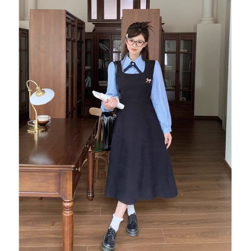 한국 스타일 학원 스타일 페이크 레이어드 드레스 여성 의류 가을 새로운 차 휴식 디자인 센스 POLO 칼라 허리 수축 중간 길이 스커트