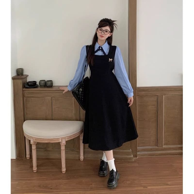한국 스타일 학원 스타일 페이크 레이어드 드레스 여성 의류 가을 새로운 차 휴식 디자인 센스 POLO 칼라 허리 수축 중간 길이 스커트 이미지 2