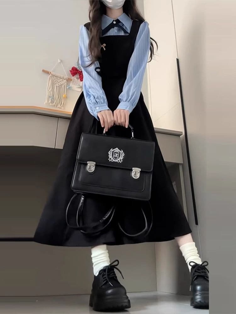 한국 스타일 학원 스타일 페이크 레이어드 드레스 여성 의류 가을 새로운 차 휴식 디자인 센스 POLO 칼라 허리 수축 중간 길이 스커트