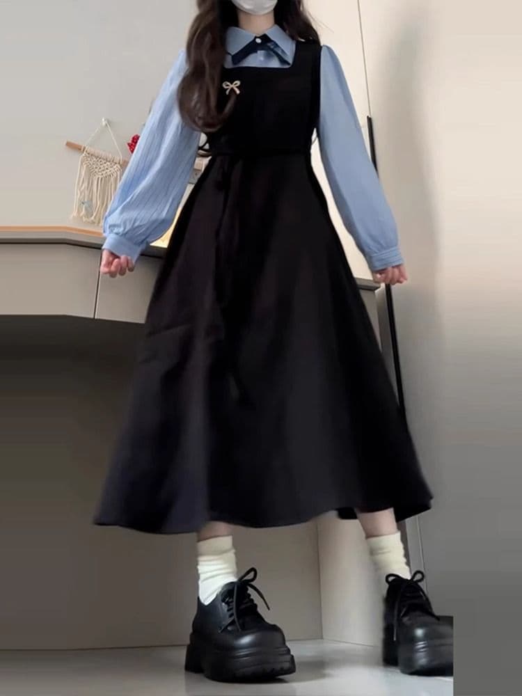 한국 스타일 학원 스타일 페이크 레이어드 드레스 여성 의류 가을 새로운 차 휴식 디자인 센스 POLO 칼라 허리 수축 중간 길이 스커트 이미지 4