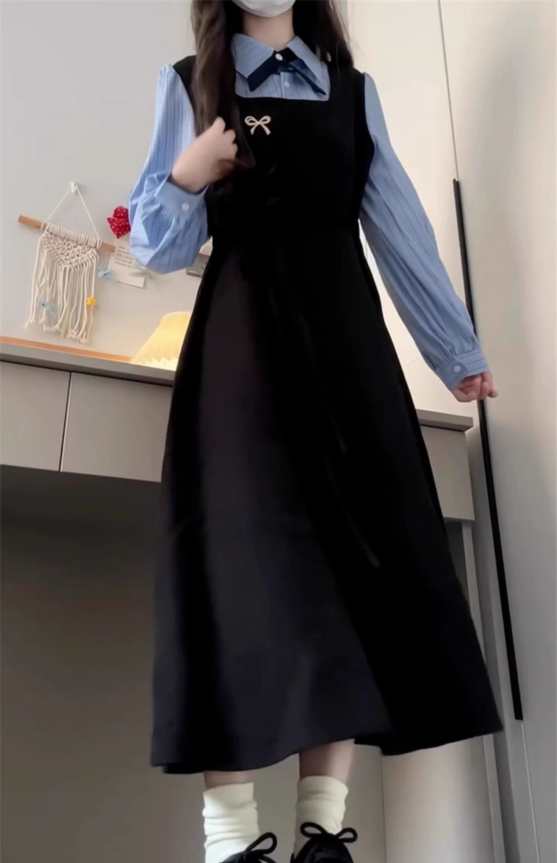 한국 스타일 학원 스타일 페이크 레이어드 드레스 여성 의류 가을 새로운 차 휴식 디자인 센스 POLO 칼라 허리 수축 중간 길이 스커트 상세 이미지 6