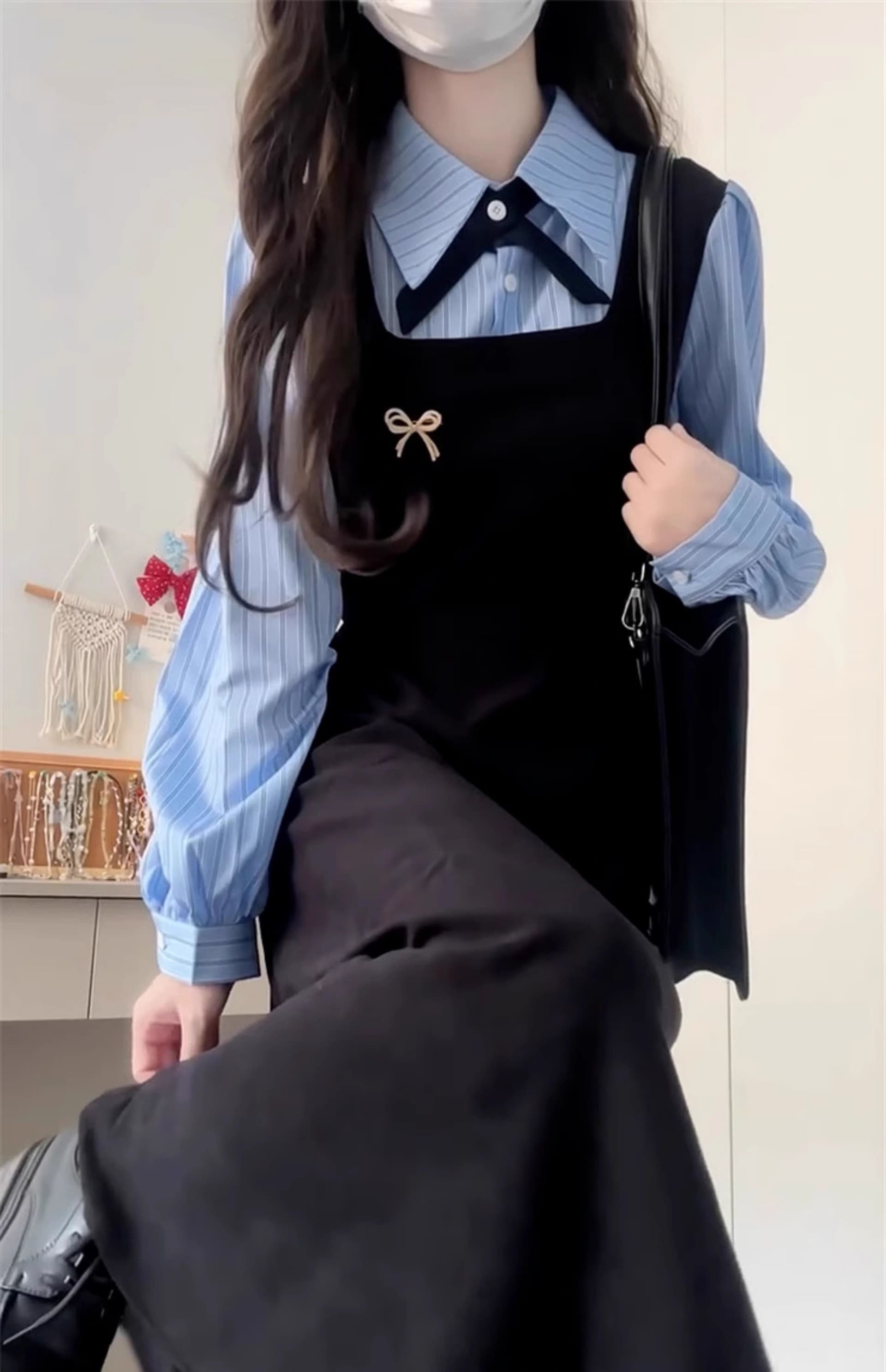 한국 스타일 학원 스타일 페이크 레이어드 드레스 여성 의류 가을 새로운 차 휴식 디자인 센스 POLO 칼라 허리 수축 중간 길이 스커트 상세 이미지 10