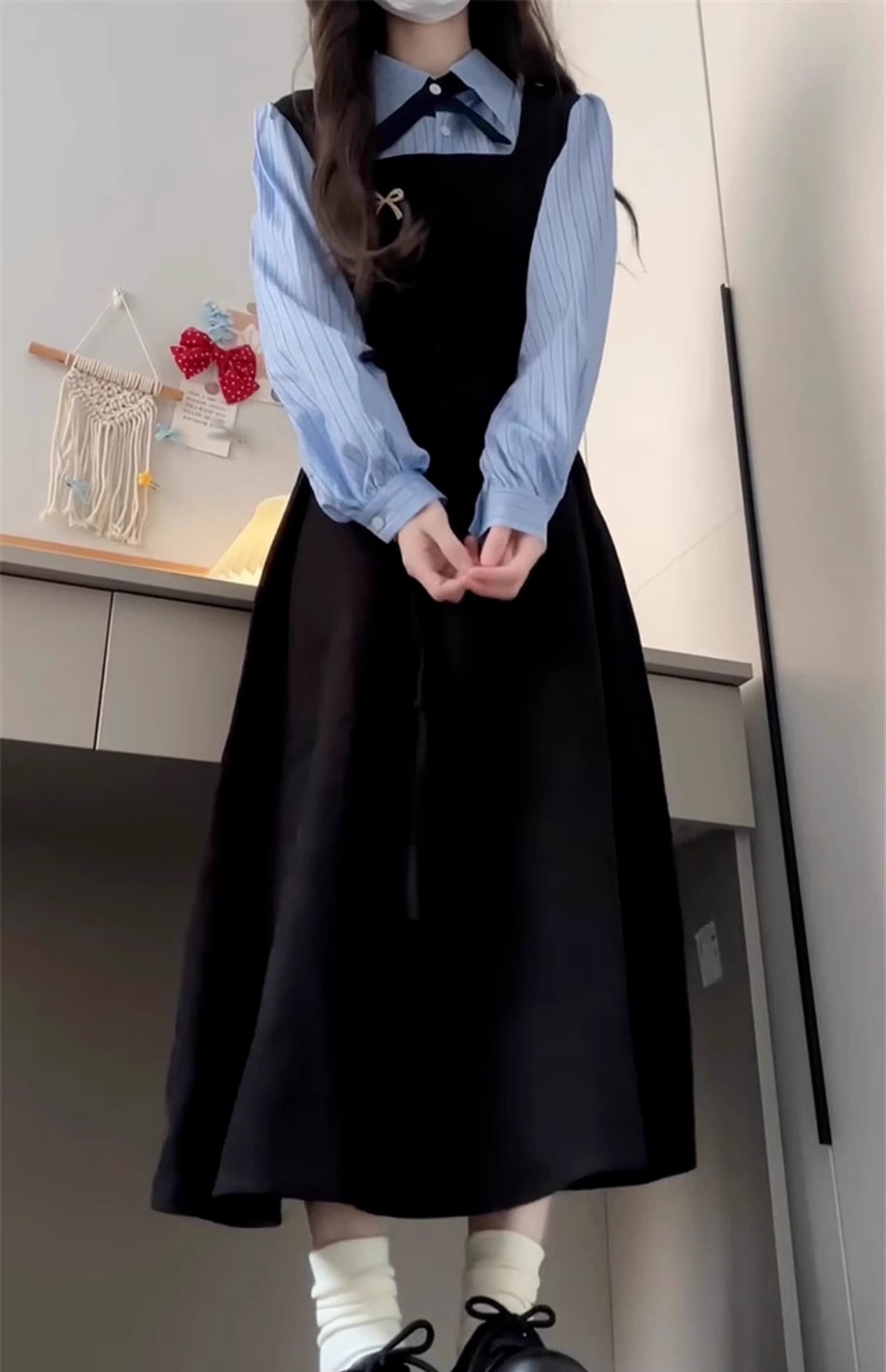 한국 스타일 학원 스타일 페이크 레이어드 드레스 여성 의류 가을 새로운 차 휴식 디자인 센스 POLO 칼라 허리 수축 중간 길이 스커트 상세 이미지 12