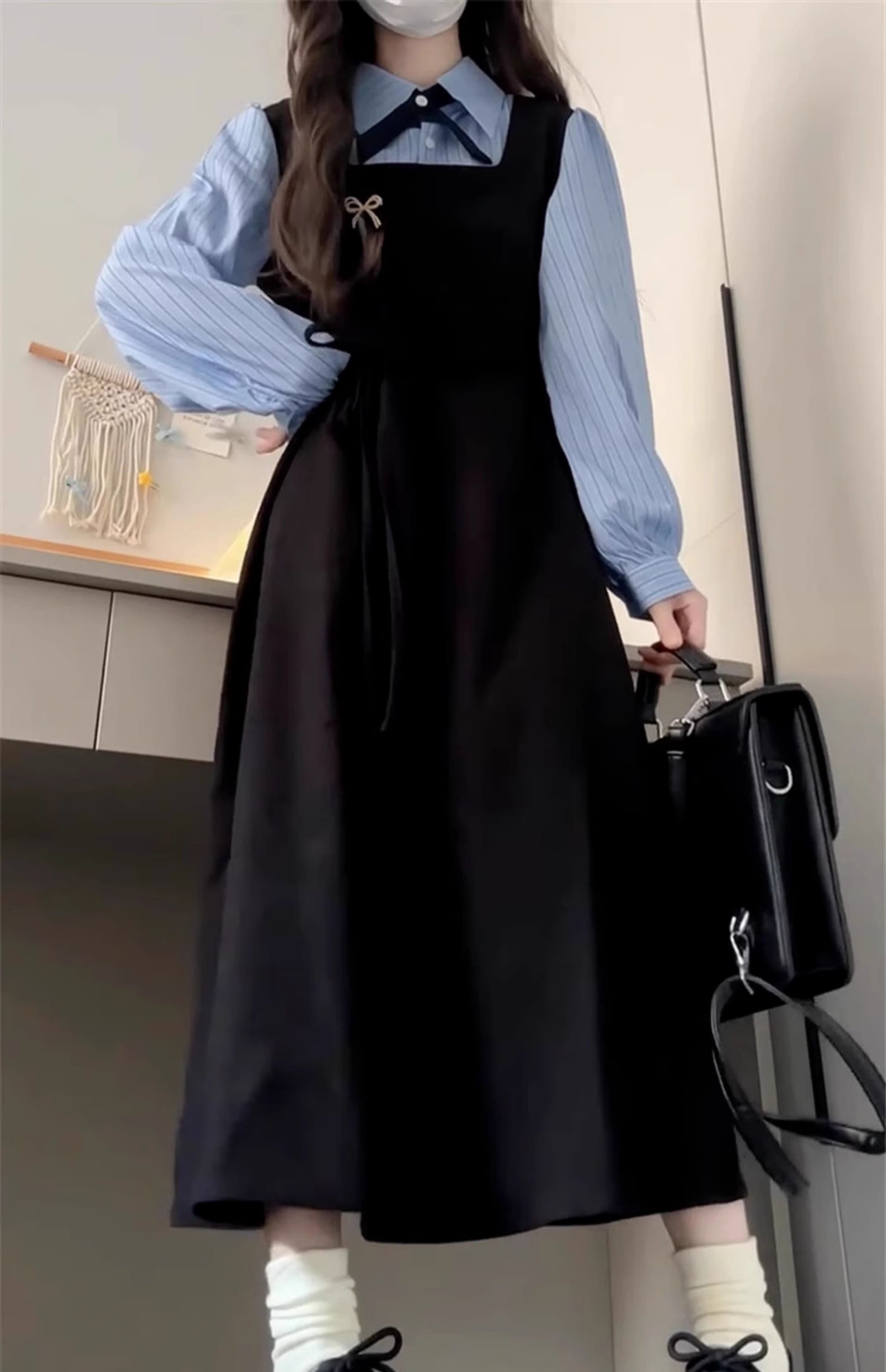 한국 스타일 학원 스타일 페이크 레이어드 드레스 여성 의류 가을 새로운 차 휴식 디자인 센스 POLO 칼라 허리 수축 중간 길이 스커트 상세 이미지 14