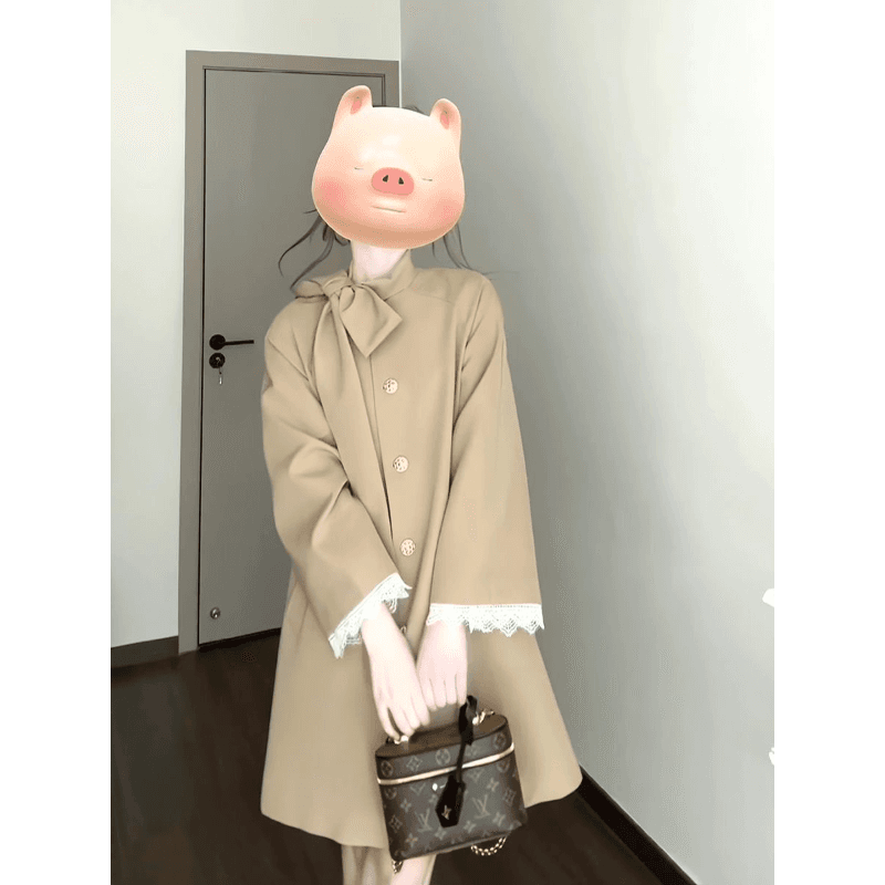 영국식 바람 천 골드 나비 매듭 스탠드 칼라 재킷 재킷 여성 의류 가을 새로운 작은 키 중간 길이 카키 색 코트 이미지 5
