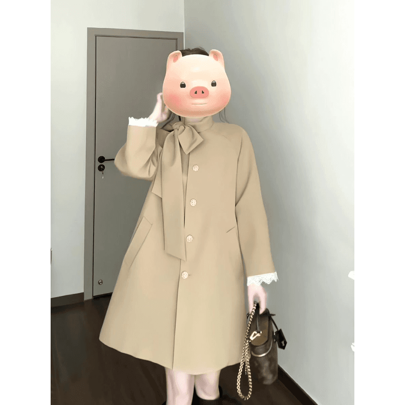 영국식 바람 천 골드 나비 매듭 스탠드 칼라 재킷 재킷 여성 의류 가을 새로운 작은 키 중간 길이 카키 색 코트 이미지 3