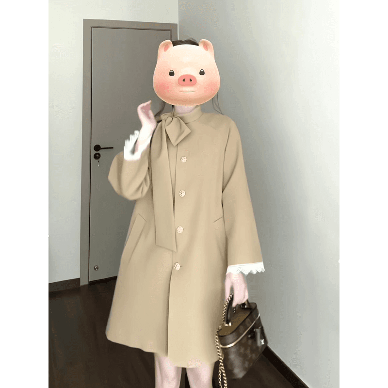 영국식 바람 천 골드 나비 매듭 스탠드 칼라 재킷 재킷 여성 의류 가을 새로운 작은 키 중간 길이 카키 색 코트 이미지 4