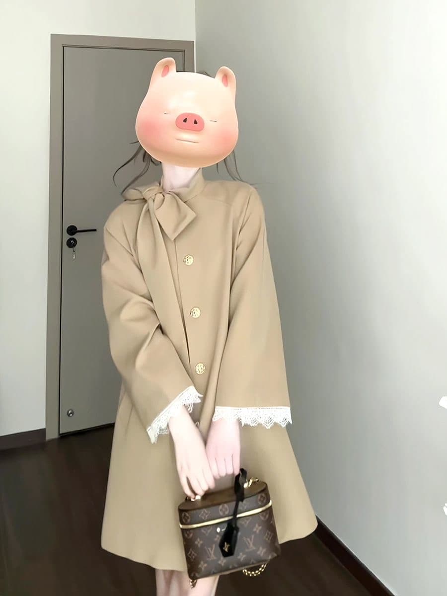 영국식 바람 천 골드 나비 매듭 스탠드 칼라 재킷 재킷 여성 의류 가을 새로운 작은 키 중간 길이 카키 색 코트 상세 이미지 1