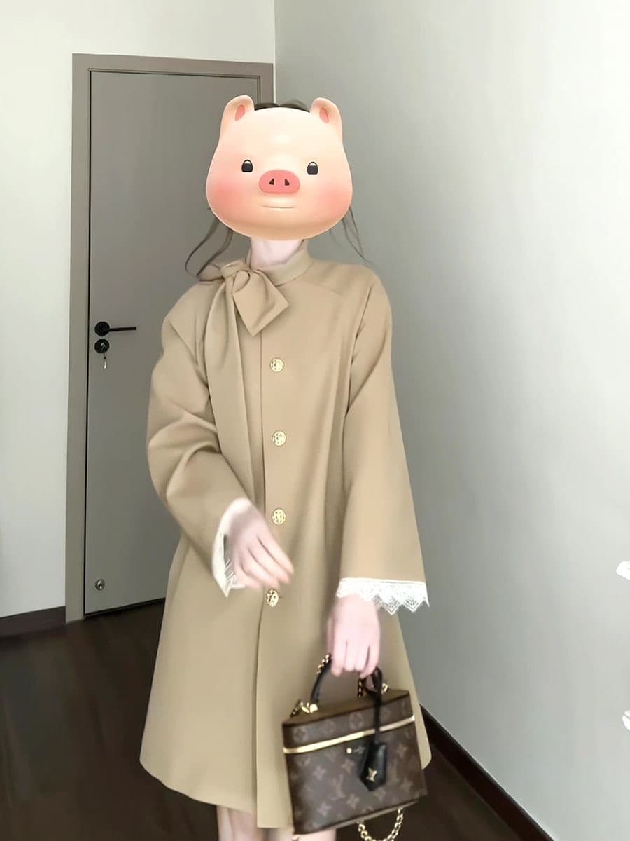 영국식 바람 천 골드 나비 매듭 스탠드 칼라 재킷 재킷 여성 의류 가을 새로운 작은 키 중간 길이 카키 색 코트 상세 이미지 2