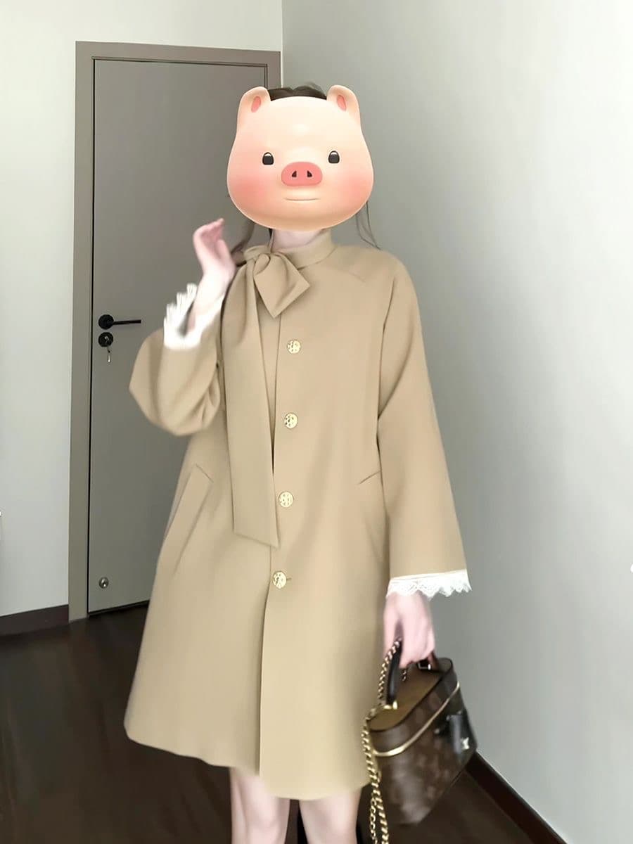 영국식 바람 천 골드 나비 매듭 스탠드 칼라 재킷 재킷 여성 의류 가을 새로운 작은 키 중간 길이 카키 색 코트 상세 이미지 3