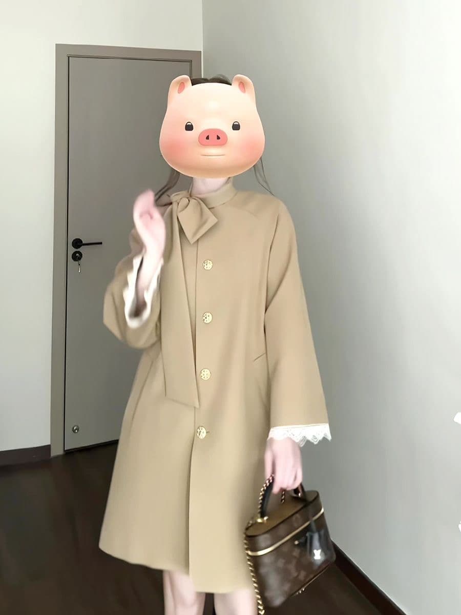 영국식 바람 천 골드 나비 매듭 스탠드 칼라 재킷 재킷 여성 의류 가을 새로운 작은 키 중간 길이 카키 색 코트 상세 이미지 4