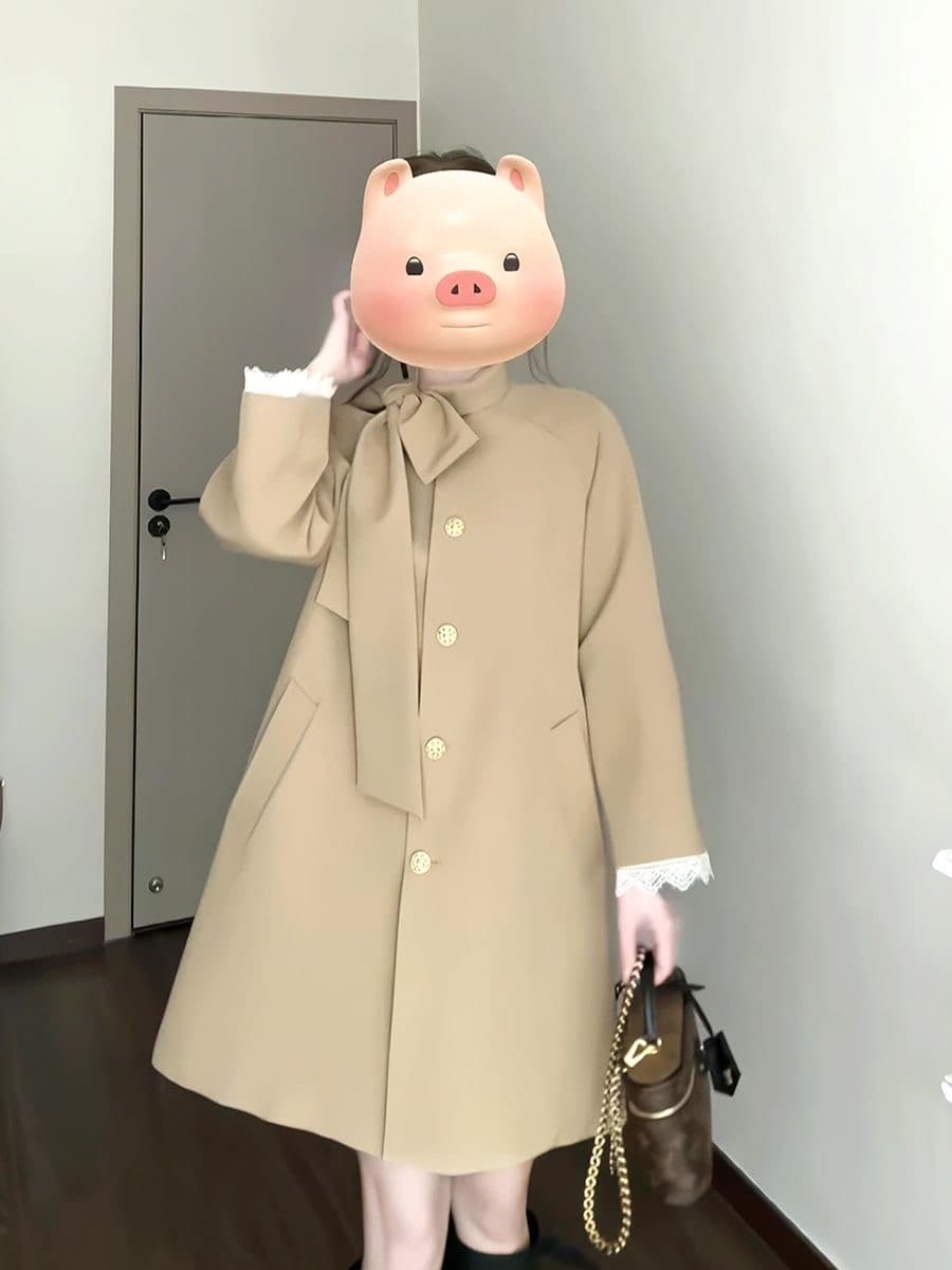 영국식 바람 천 골드 나비 매듭 스탠드 칼라 재킷 재킷 여성 의류 가을 새로운 작은 키 중간 길이 카키 색 코트 상세 이미지 5
