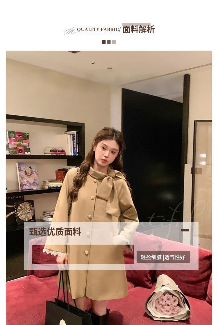 영국식 바람 천 골드 나비 매듭 스탠드 칼라 재킷 재킷 여성 의류 가을 새로운 작은 키 중간 길이 카키 색 코트 상세 이미지 1