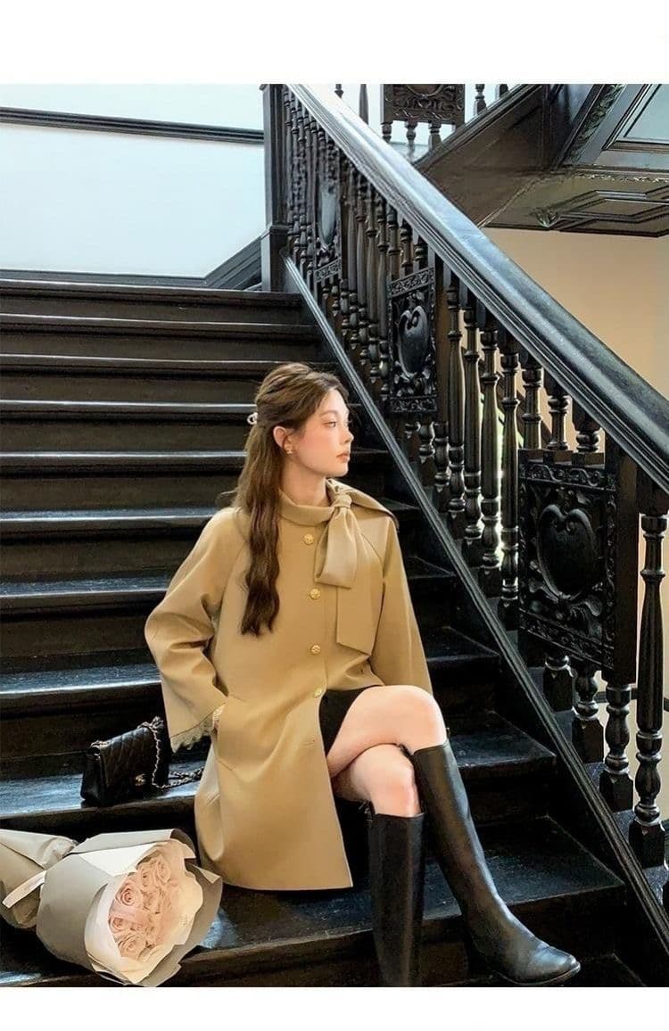 영국식 바람 천 골드 나비 매듭 스탠드 칼라 재킷 재킷 여성 의류 가을 새로운 작은 키 중간 길이 카키 색 코트 상세 이미지 5